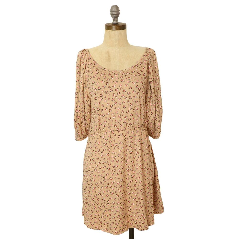 VELVET TORCH Puff Sleeve Mini Dress S Sage Ditsy Floral Print Light Brown NWT A4